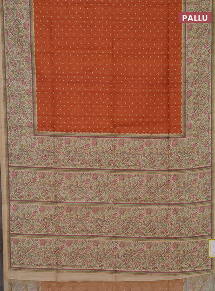 Semi tussar saree orange and sandal with bandhini butta prints and printed border