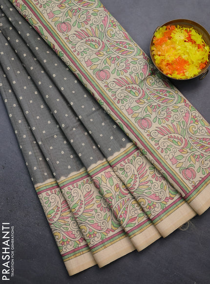 Semi tussar saree grey and sandal with bandhini butta prints and printed border