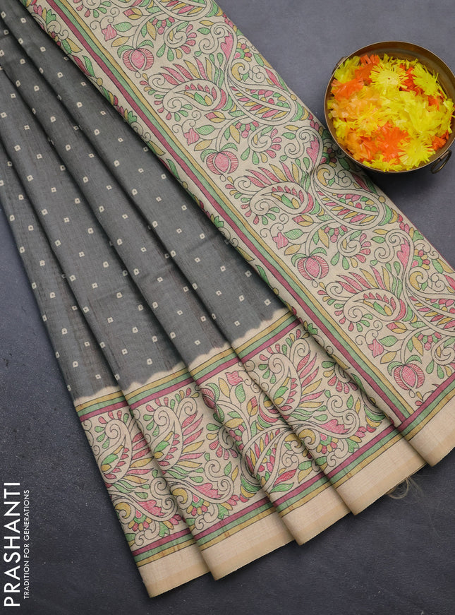 Semi tussar saree grey and sandal with bandhini butta prints and printed border