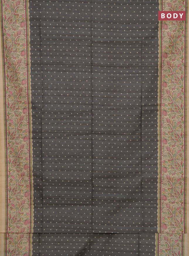 Semi tussar saree grey and sandal with bandhini butta prints and printed border