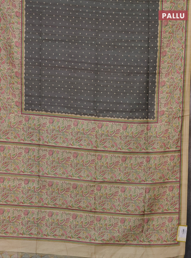 Semi tussar saree grey and sandal with bandhini butta prints and printed border