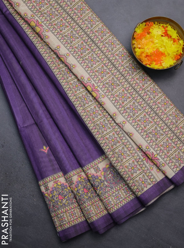 Semi tussar saree violet and beige with madhubani prints and printed border