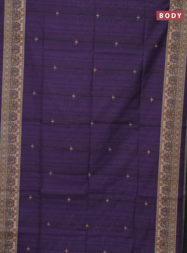 Semi tussar saree violet and beige with madhubani prints and printed border