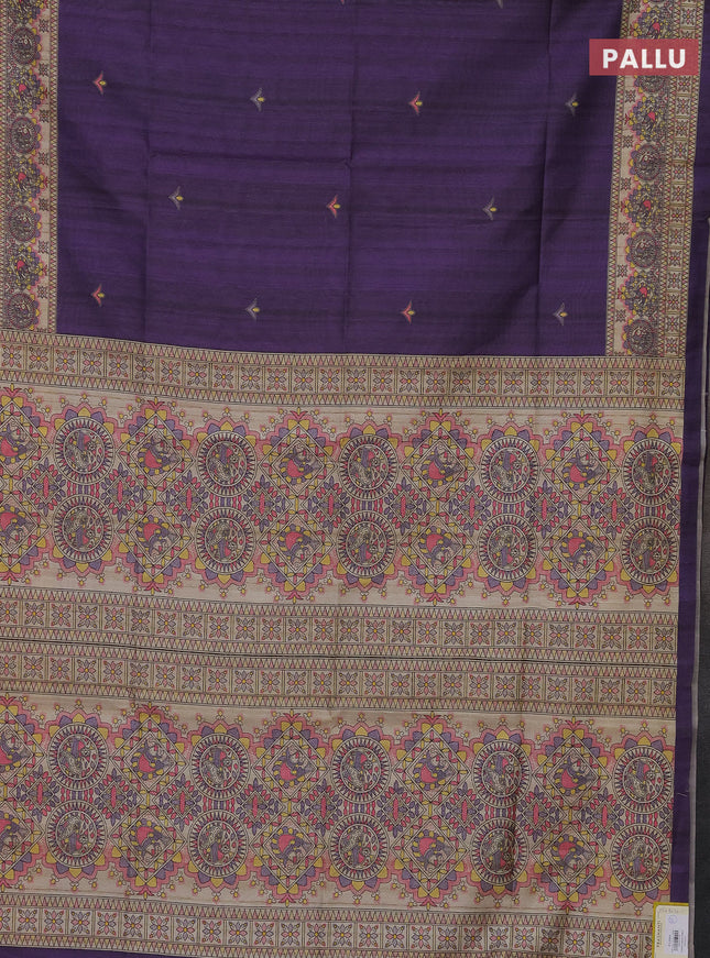 Semi tussar saree violet and beige with madhubani prints and printed border