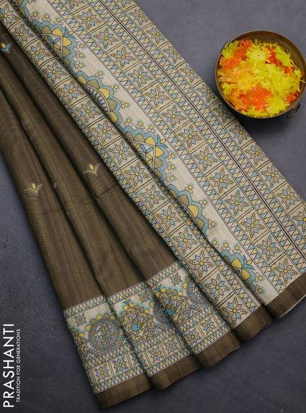 Semi tussar saree sap green and beige with madhubani prints and printed border