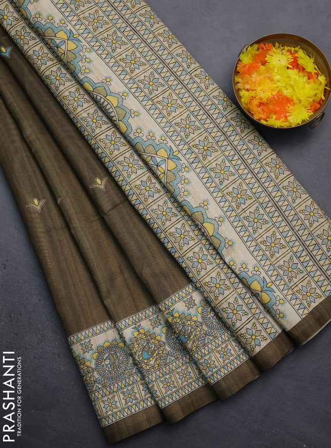 Semi tussar saree sap green and beige with madhubani prints and printed border