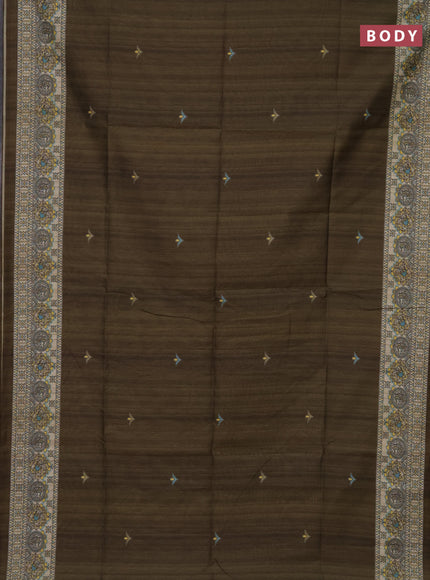 Semi tussar saree sap green and beige with madhubani prints and printed border