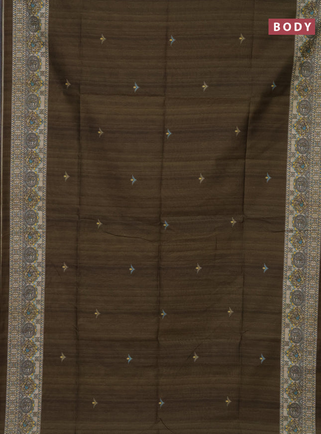 Semi tussar saree sap green and beige with madhubani prints and printed border