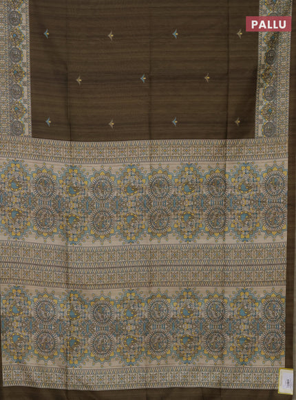 Semi tussar saree sap green and beige with madhubani prints and printed border