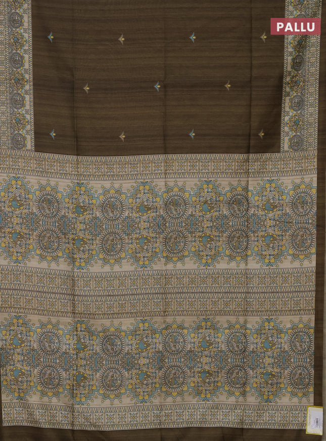 Semi tussar saree sap green and beige with madhubani prints and printed border