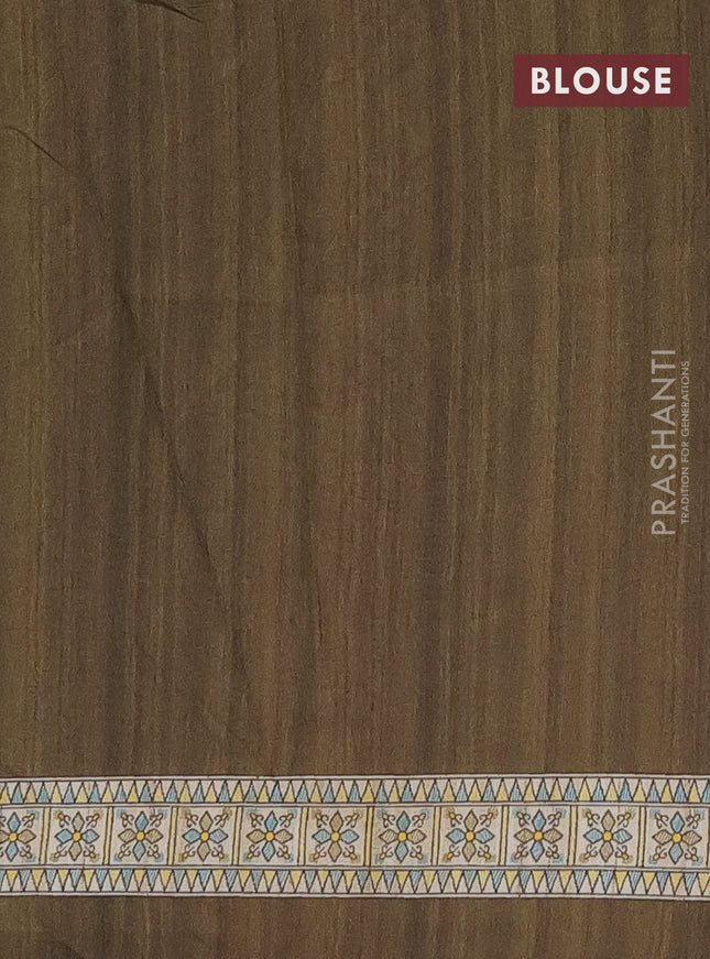 Semi tussar saree sap green and beige with madhubani prints and printed border