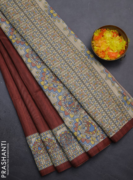 Semi tussar saree brown and beige with madhubani prints and printed border