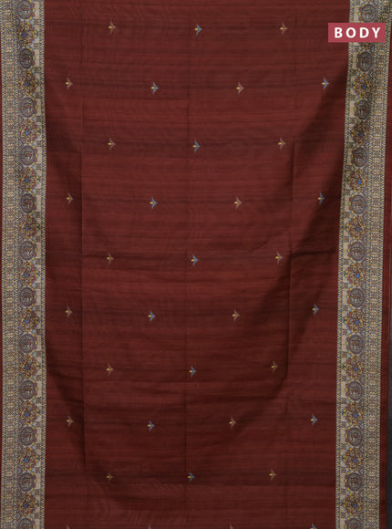 Semi tussar saree brown and beige with madhubani prints and printed border