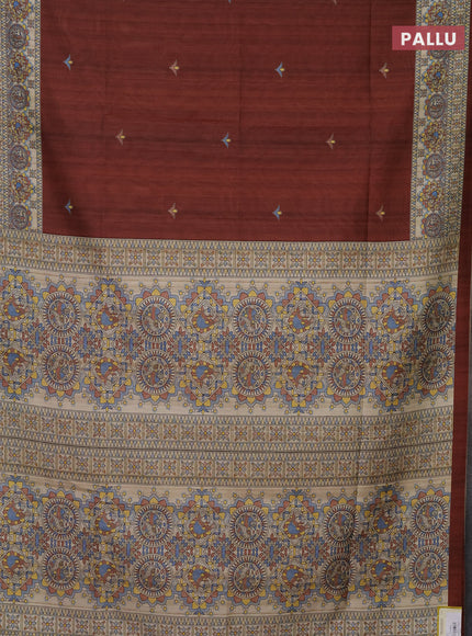 Semi tussar saree brown and beige with madhubani prints and printed border