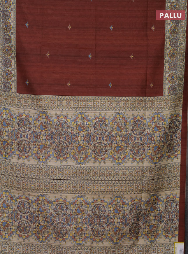 Semi tussar saree brown and beige with madhubani prints and printed border