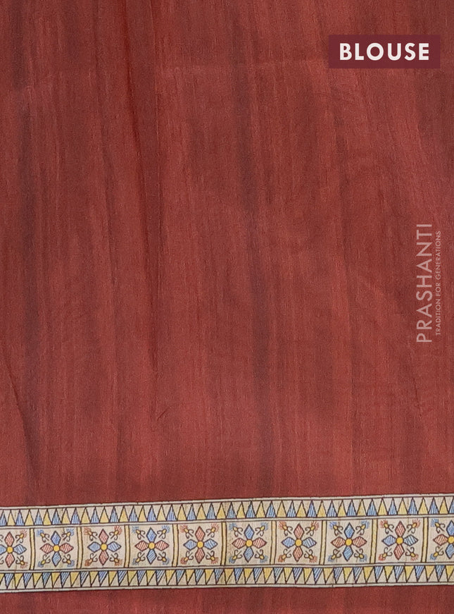 Semi tussar saree brown and beige with madhubani prints and printed border