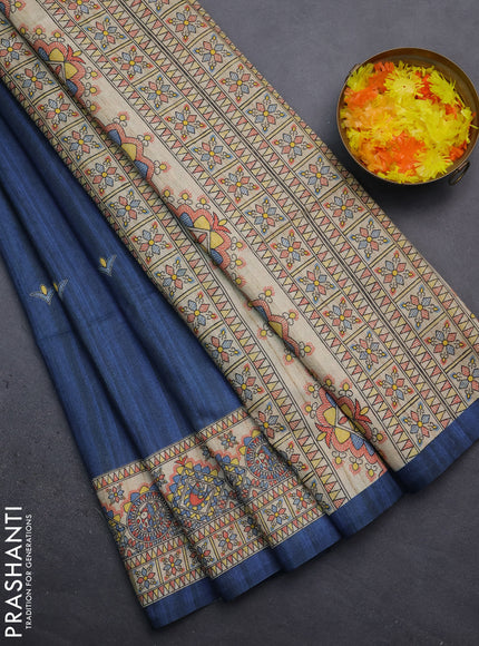 Semi tussar saree peacock blue and beige with madhubani prints and printed border