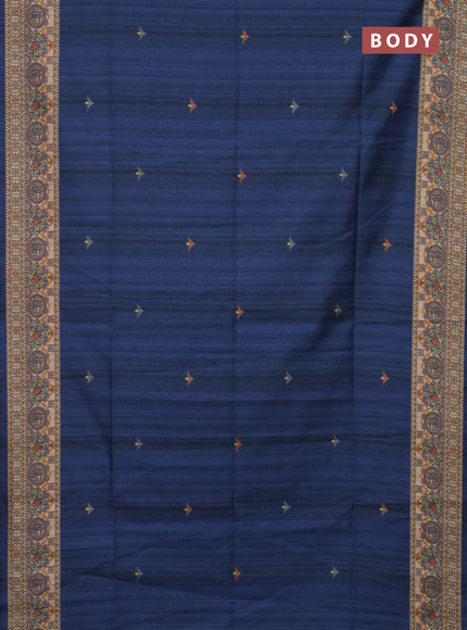 Semi tussar saree peacock blue and beige with madhubani prints and printed border