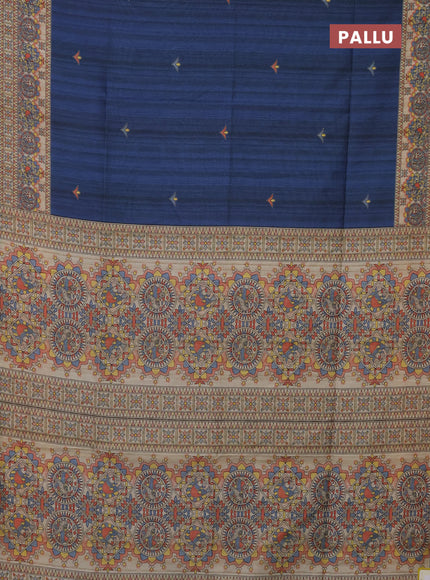 Semi tussar saree peacock blue and beige with madhubani prints and printed border