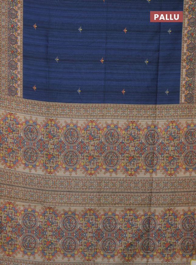 Semi tussar saree peacock blue and beige with madhubani prints and printed border