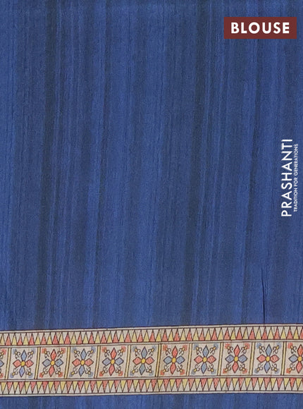 Semi tussar saree peacock blue and beige with madhubani prints and printed border