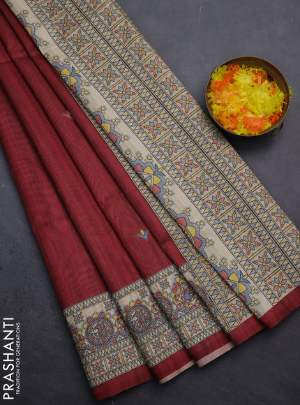 Semi tussar saree maroon and beige with madhubani prints and printed border