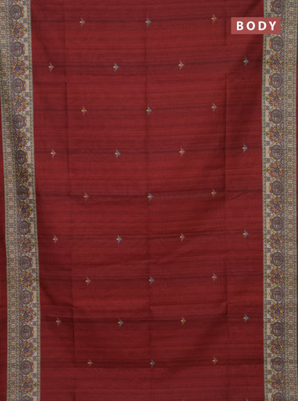 Semi tussar saree maroon and beige with madhubani prints and printed border
