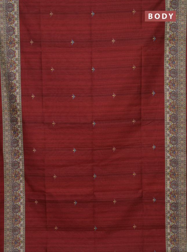 Semi tussar saree maroon and beige with madhubani prints and printed border