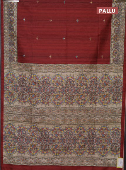 Semi tussar saree maroon and beige with madhubani prints and printed border