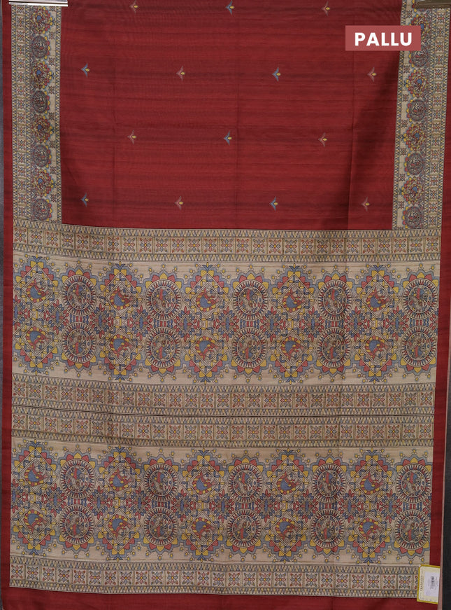 Semi tussar saree maroon and beige with madhubani prints and printed border