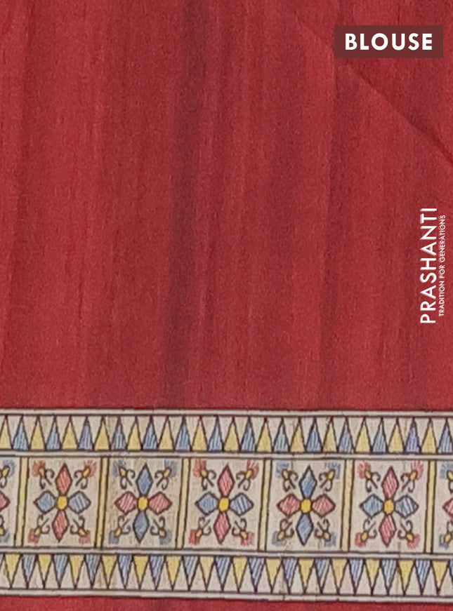 Semi tussar saree maroon and beige with madhubani prints and printed border