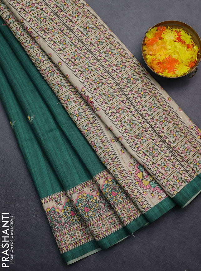 Semi tussar saree green and beige with madhubani prints and printed border