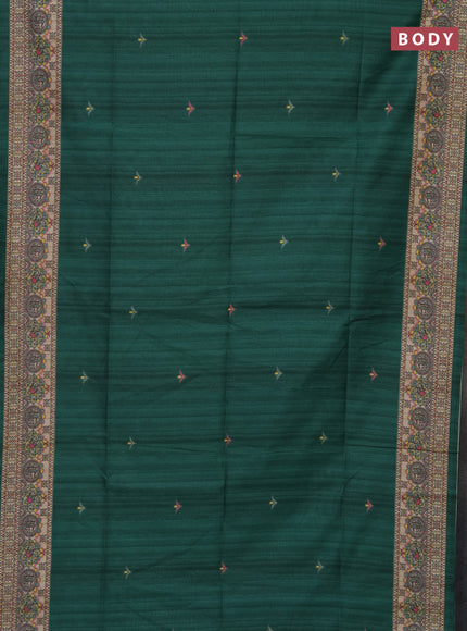 Semi tussar saree green and beige with madhubani prints and printed border