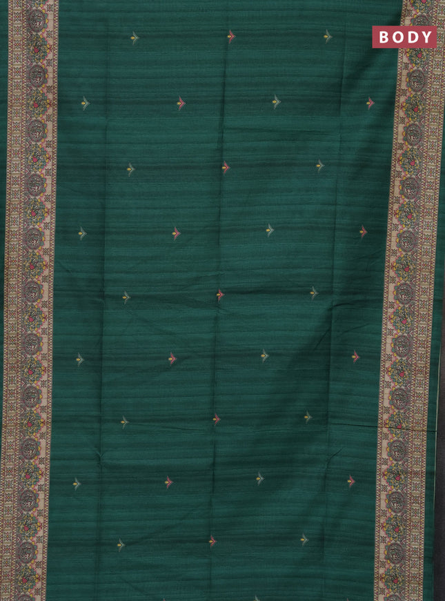 Semi tussar saree green and beige with madhubani prints and printed border