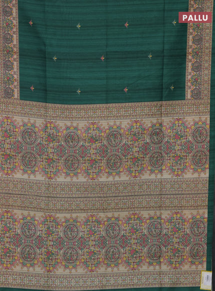 Semi tussar saree green and beige with madhubani prints and printed border