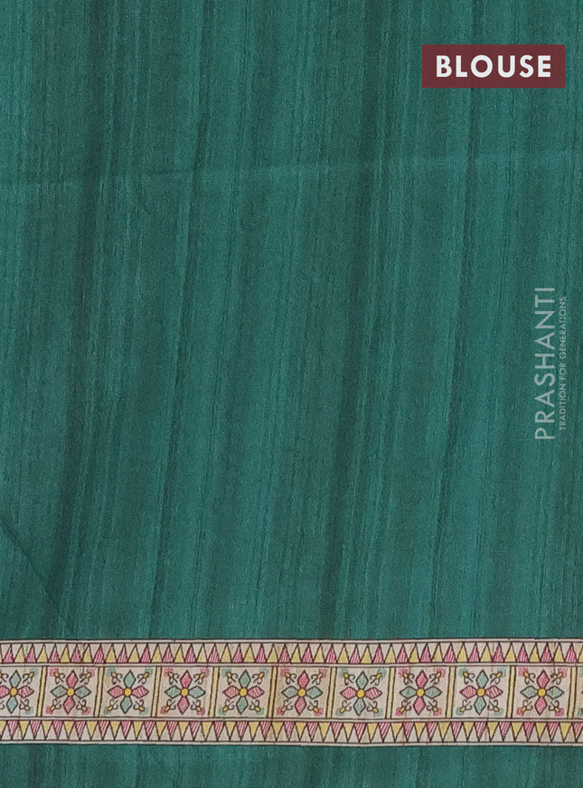 Semi tussar saree green and beige with madhubani prints and printed border