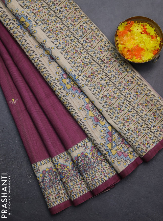 Semi tussar saree dark magenta pink and beige with madhubani prints and printed border