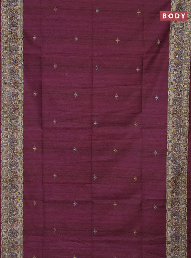 Semi tussar saree dark magenta pink and beige with madhubani prints and printed border