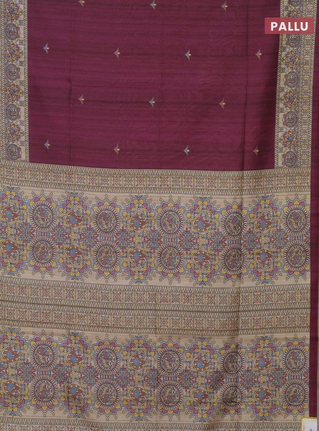 Semi tussar saree dark magenta pink and beige with madhubani prints and printed border