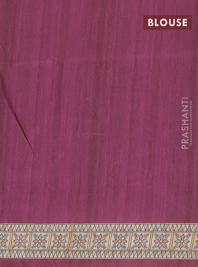 Semi tussar saree dark magenta pink and beige with madhubani prints and printed border