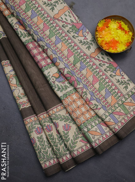 Semi tussar saree brown and beige with madhubani prints and printed border