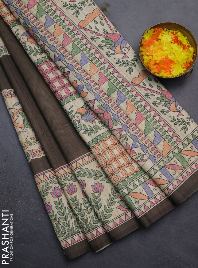 Semi tussar saree brown and beige with madhubani prints and printed border