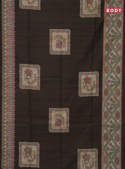 Semi tussar saree brown and beige with madhubani prints and printed border