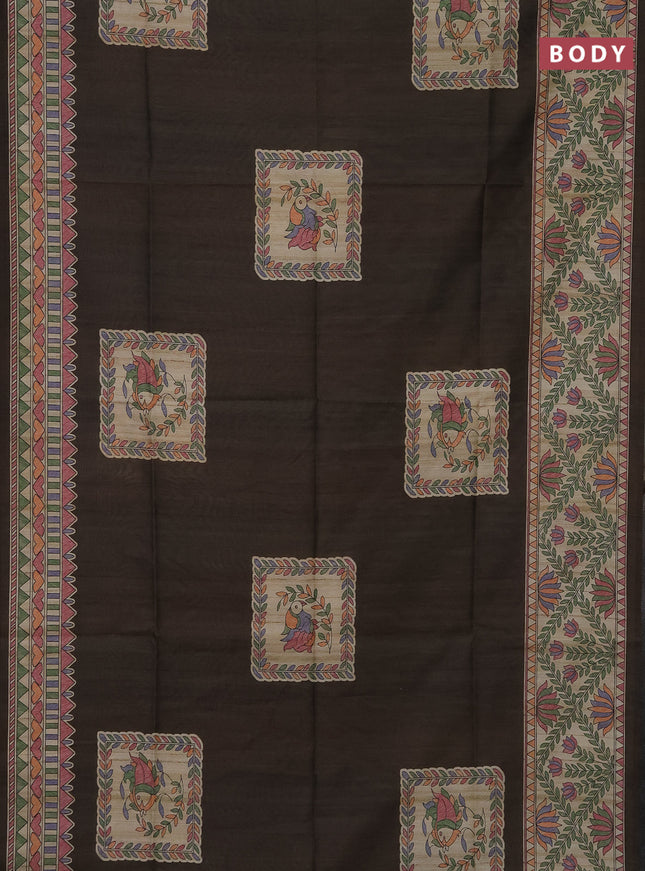 Semi tussar saree brown and beige with madhubani prints and printed border