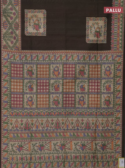Semi tussar saree brown and beige with madhubani prints and printed border