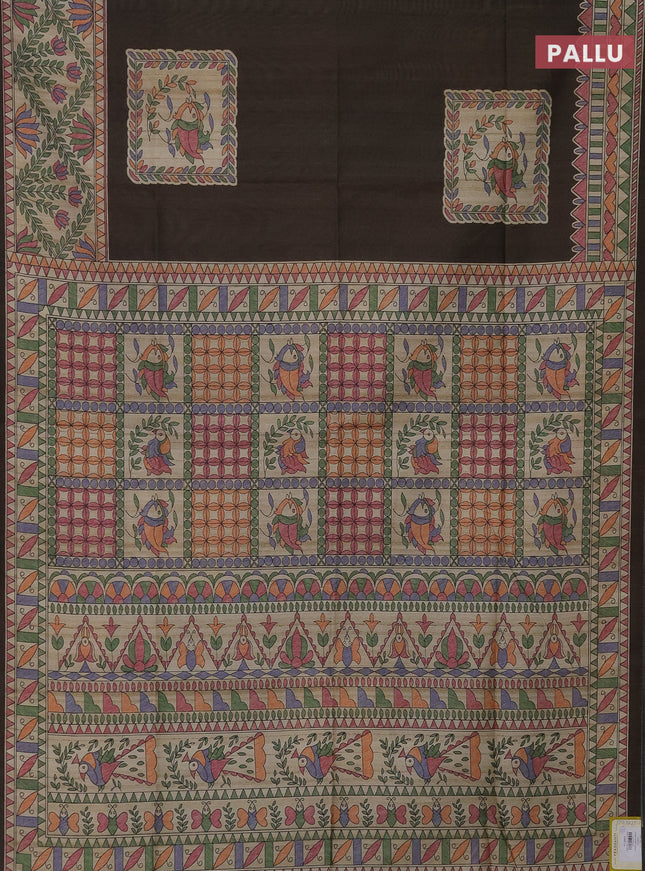 Semi tussar saree brown and beige with madhubani prints and printed border