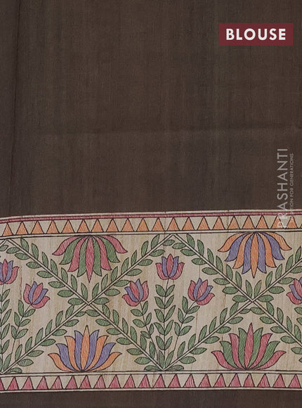 Semi tussar saree brown and beige with madhubani prints and printed border