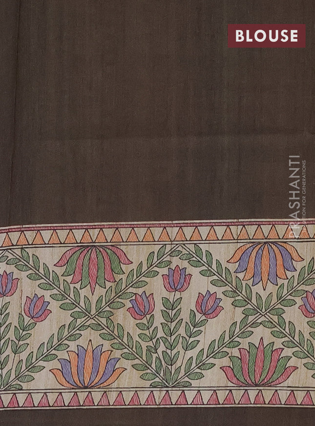 Semi tussar saree brown and beige with madhubani prints and printed border
