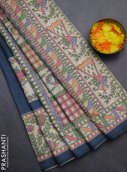 Semi tussar saree bluish grey and beige with madhubani prints and printed border