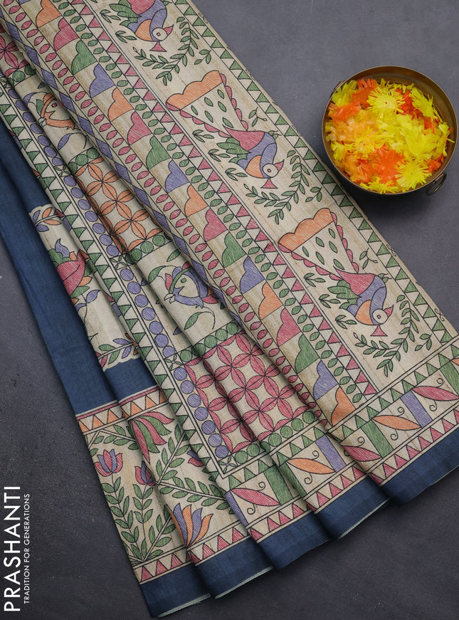 Semi tussar saree bluish grey and beige with madhubani prints and printed border